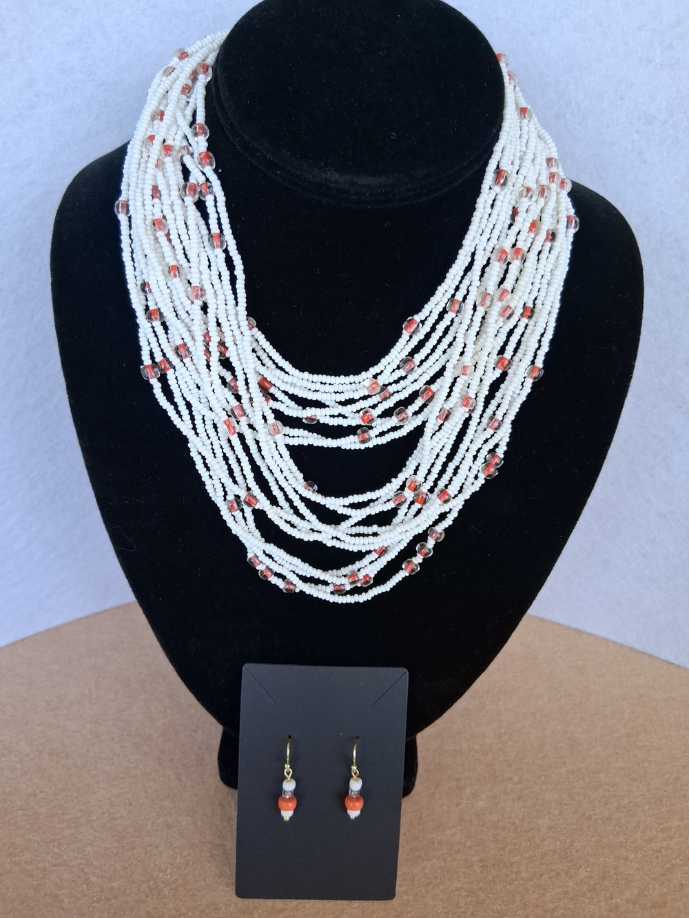 Multi-Strand White Beaded Necklace w/ Coral Accent & Matching Handmade Earrings